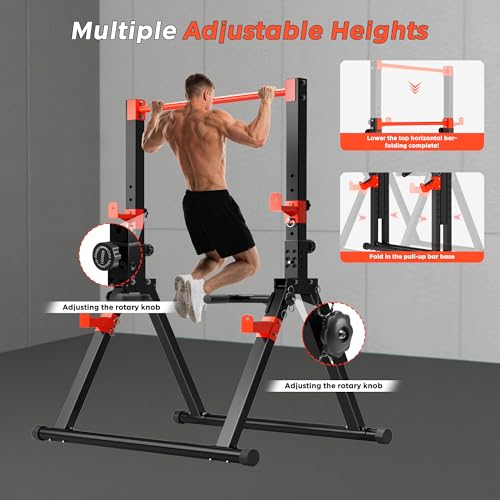 SogesHome Power Tower Dip Station Pull Up Bar for Home Gym, Adjustable & Foldable Multifunction Fitness Workout Station with Triangular Stability Design for Strength Training - color: Black Red