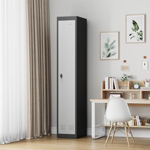 72" Tall Single-Door Metal Locker with Key, Heavy Duty Steel Storage Cabinet with Shelves, Lockable Employee Locker for School, Office, Gym, Home, Garage, Grey & Black - size: 1 Door