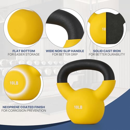 MADOG 10/15/20 LB Kettlebells Neoprene Coated, Solid Cast Iron Kettlebell, Strength Training Kettlebells, Hand Weights for Full Body Workout, Grip and Strength Training for Home Gym, Yellow