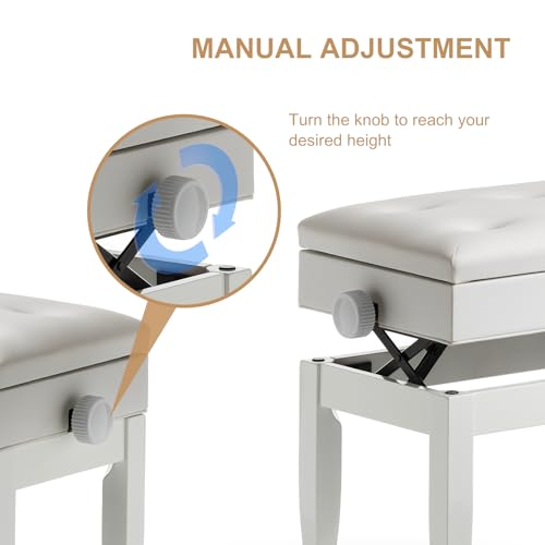 Adjustable Height Piano Bench Stool PU Leather Cushion Wooden Keyboard Seat with Music Storage (White) - color: White