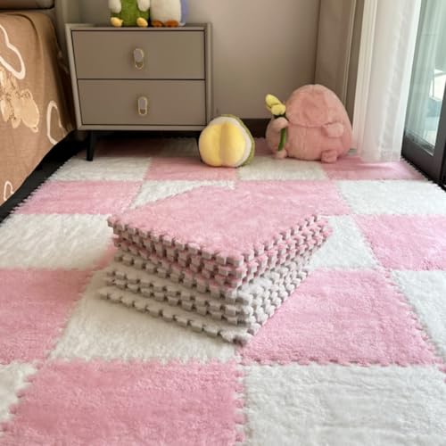 12Pcs Plush Foam Floor Mat,Plush Interlocking Carpet Tiles,Anti-Slip Square Puzzle Floor Mat,EVA Foam Area Rugs for Bedroom Playroom (White+Pink) - color: White+pink