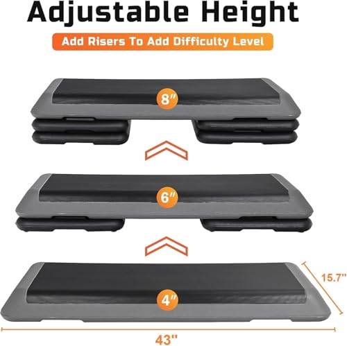 ZENY 43'' Exercise Aerobic Step Platform, Adjustable Fitness Stepper with 4 Stackable Risers, Aerobics Stepper Workout Stepper for Home Gym Cardio Strength & Training - color: Grey