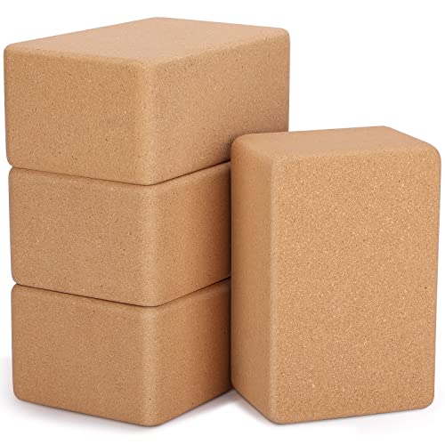 Leitee 4 Pcs Cork Yoga Blocks, 9 x 6 x 4 in Non Slip Bricks | Natural Cork Surface, Textured Grip, High Density Support, Stable for Poses, Stretching Balance Pilates Use