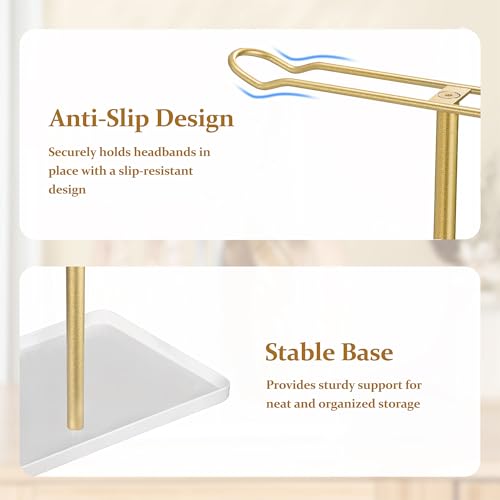 Headband Holder Organizer, 2-Tier T-bar Storage Stand with Tray for Hair Accessories Hairband Hair Clip, for Girls Women, Gold & White - color: White-gold