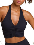 Women's Serene Scrunch Longline Sports Bra V Neck Padded Yoga Tank Wide Straps Cross Back Crop Tops - color: Black, size: Medium