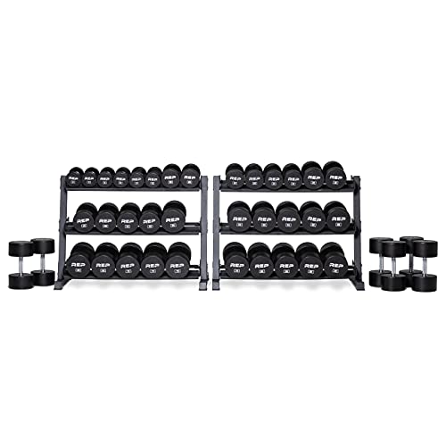 REP Fitness Urethane Coated Round Dumbbells, 5 to 100 lbs, Singles or Pairs, With or Without Rack, Steel Core, Rubber Encased, Chrome Handles, Professional Weights for Home Gym Strength Training - style: 5-100 lb set with 3 Tier Rack