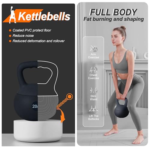 soges PVC One-Piece Kettlebell with Wide Handles, Strength Training Kettlebells 5lb to 35lb Optional for Women of Different Levels, Iron Sand Filled Soft Kettlebell - color: 20lbs - Black