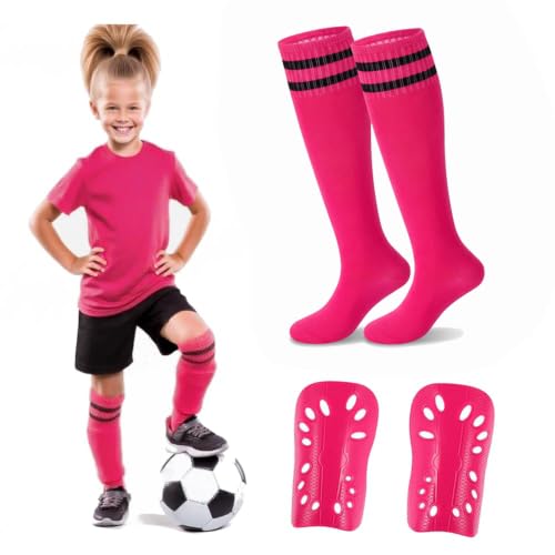 Soccer Shin Guards and Socks for Toddler Kids, Lightweight Soccer Shin Pads & Sleeves Equipment, Protective Defender Gear for 3-6 Years Old Children Boys Girls Sports Game - color: Pink