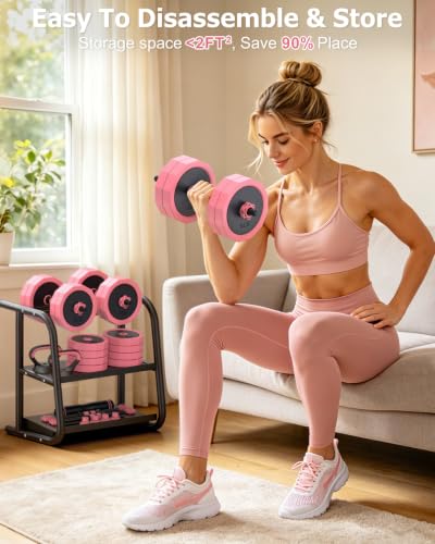 Rendpas 4-in-1 Adjustable Dumbbell Set with Foldable Weight Bench, Convert to Barbell Kettlebell Push-Up Stand, 800LBS Bench 10 Angles Incline Decline Flat, Home Gym Weight Set - color: Pink, size: 85LB Dummbell Set & Adjustable Bench