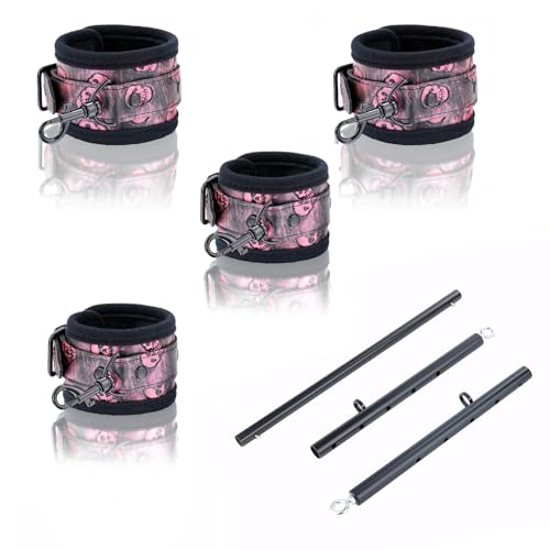 Heavy Duty Stainless Steel Expandable Spreader Bar with 4pcs PU Black--Pink Skull Pattern Detachable Adjustable Straps,Workout Bar for Home Indoor Gym Training Kit - style: Black+Black-Pink PU Kit
