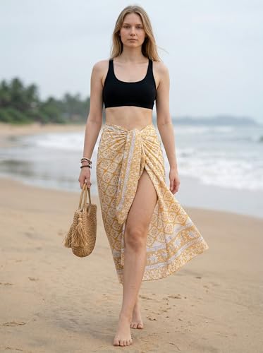 Beach Cover Ups for Women, Cotton Sarong Wrap Pareo | 100% Cotton Sarong Wraps For Women, 73 x 44 In. Pareo Beach Wrap, Bikini Cover Up, Bathing Suit Cover Up, Resort Wear - color: California Gold
