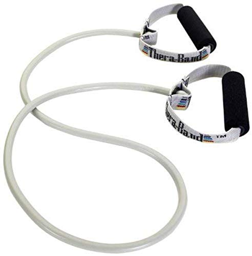 THERABAND Resistance Tubing with Soft Handles, Silver, Super Heavy Level, 50" Latex Stretch Resistance Bands for Exercise, Professional Workout Bands for Upper & Lower Body, Color-Coded Levels - color: Silver - Super Heavy, size: 50 Inch
