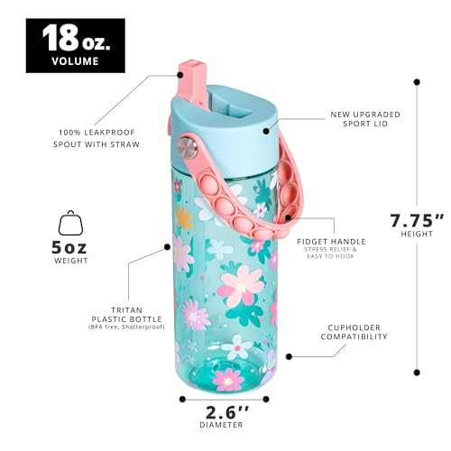 Elemental Leak Proof Water Bottles for Kids - Splash Kids Water Bottle for School with Pop-it Handle - Tritan Plastic Water Bottle with Straw - Stylish Cat & Spring Blossom - 18oz (2 Pack) - color: Duo - Stylish Cat / Spring Blossom