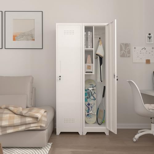 IRONFFICE Tall Broom Closet Storage Cabinet,Narrow Metal Storage Cabinets for Brooms and Mops,Slim Utility Cabinets with Doors,Broom Cabinet for Laundry,Living Room,Office,White - size: indoor-65"H-1door