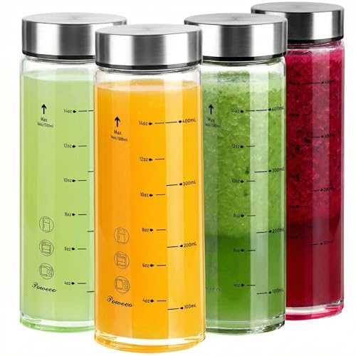 Glass Juice Bottles 4 Pack 16 oz - Wide Mouth Glass Water Bottles with Lids - for Juicing, Protein, Smoothie, Milk, Reusable, BPA Free, Stainless Steel Lids, Blender, Shaker Bottle [500ml] - color: 4-Pack (oz), size: 16oz/500ml