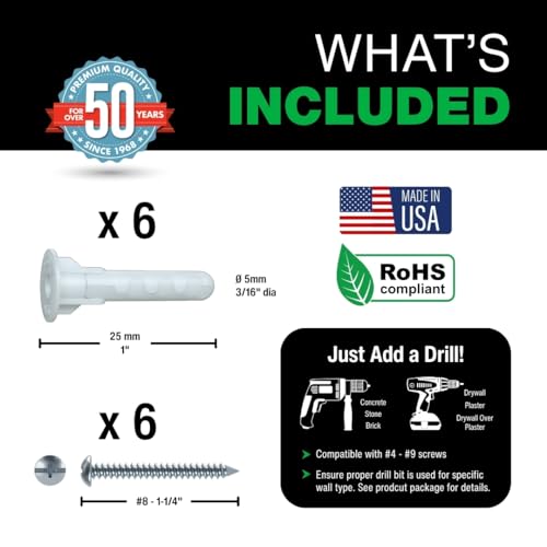 TOGGLER Alligator AF5 Wall Anchors with Screws, 3/16" Pack of 6 | Heavy-duty polypropylene wall anchors with screws for drywall, concrete, brick, and stone. Fits #4–#9 screws - size: 6 Pack w/ Screws
