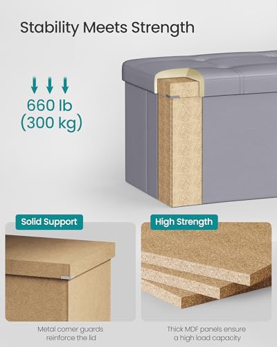 SONGMICS MAZIE Collection - 43 Inches Folding Storage Ottoman Bench, Ottoman with Storage, Foot Rest Stool, Load 660 lb, for Living Room, Synthetic Leather, Light Gray ULSF70GY - color: Light Gray, size: 15"D x 43"W x 15"H
