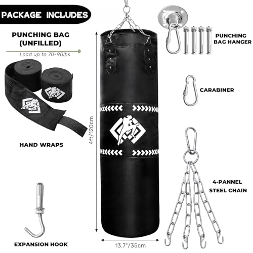ZOOFOX Punching Bag for Adults, 4 Ft Heavy Bag with Chains and Hand Wraps for Beginners, 5-in-1 Boxing Bag for Kickboxing, MMA, Muay Thai, Karate, Home Gym or Fitness, Unfilled