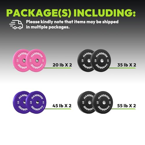 HANDBODE 2-Inch Weight Plates High Bounce, Olympic Bumper Plate Set 45/100/160/190/260/300lb, Colored Weight Plates Set for Home Gym, Barbell Weights Rubber Strength Training Plate for Weight Lifting - size: 310 lb Set (Pair of 20, 35, 45, 55 lb), style: