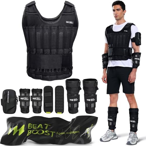BeatBoost Weighted Vest Men 20lb/30lb/40lb/50lb/60lb Adjustable Weight Vest with Steel Plates Weights for Walking Strength Training Running Workout - color: Black Set, size: 40LB