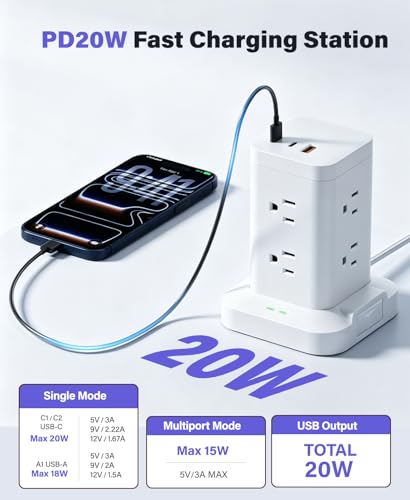 Power Strip Tower with Surge Protector 1800J, Fast Charging Tower PD20W USB-C Ports with 8 AC Outlets, Extension Cord for Home Office Dorm Room, White, 8FT - color: White, size: 8FT