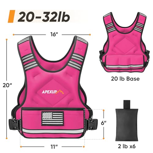 APEXUP Adjustable Weighted Vest, 4-10lb/12-18lb/20-32lb Vest with 6 Ironsand Weights and Large Pocket, Weight Vest for Men Women Strength Training, Running, Walking - color: Pink, size: 20-32lbs