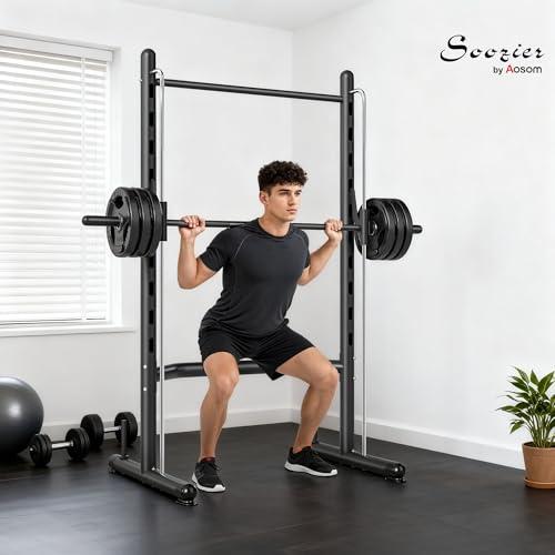 Soozier Squat Rack with Pull-Up Bar, Adjustable Power Rack with Barbell Bar, Multi-Functional Steel Bench Press Rack for Home Gym Strength Training, Black - color: Black