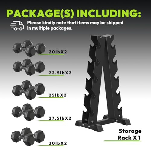 HANDBODE Hex Dumbbell Set with Vertical Storage Rack, 100–550 lb | Non-Slip Handle Design for Secure Grip, Rubber Encased Dumbbells, Hand Weights for Strength Training and Home Gym - style: 250 lb (20, 22.5, 25, 27.5, 30 lb) X 2 & Rack