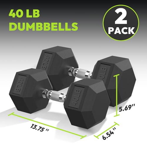 HANDBODE Hex Dumbbell Set of 2, Rubber Encased Fixed Dumbbells, 2.5-65 lb | Non-Slip Comfortable Handles, Hand Weights for Strength Training, Ideal for Home Gym Workouts - size: 40 lb, Pair, style: Chrome Handle
