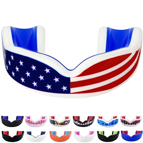 Oral Mart Youth Sports Mouth Guard for Kids (USA Flag, Fangs, 20+ Colors to Choose from) Mouthguard for Football, MMA, Karate, Boxing, Rugby, BJJ, Flag Football – /w Case (Youth, Strapless) - color: American Flag