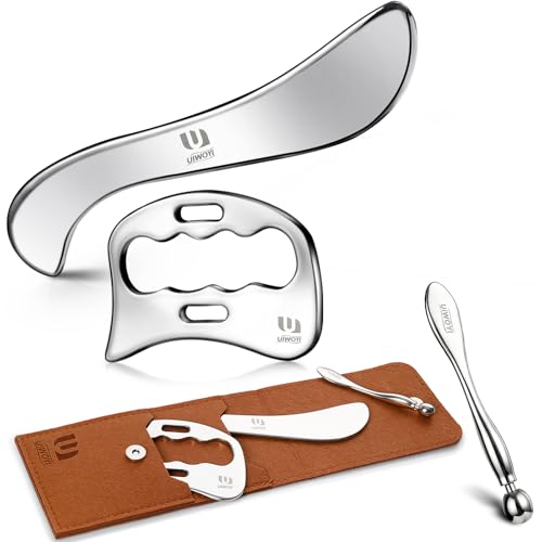 304 Stainless Steel Gua Sha Tools Set, Facial & Full Body Scraping Massage Kit | with Zinc Alloy Eye Roller, 3 Pack Ergonomic Muscle Scraper for Home Daily Self Care & Workout Recovery