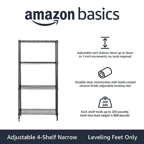 Amazon Basics 4-Shelf Steel Wire Storage Shelves for Garage, Adjustable Metal Shelving Unit, 200 lbs Per Shelf, 23.2" W x 48" H x 13.4" D, Black | Sturdy - color: Black, size: 23.2"L x13.4" W x 48"H, style: 4 -Shelf