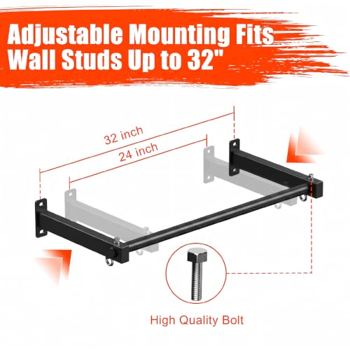 Wall Mount Pull Up Bar, Heavy Duty Steel PullUp Bar Fits 16", 24" & 32" Wood Studs, for Home Gym Garage Basement Strength Training Chin Up Bar with Round Anchors