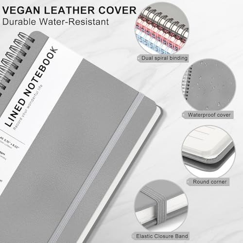 ABERLLS Lined Spiral Journal Notebook with 160 Pages, 8×5.7in, A5 Spiral Notebook, Journaling Notebooks for Work, School, Women, Men, College Ruled Spiral Notebook, Hardcover Leather Journals, Gray - color: Light Gray, size: A5