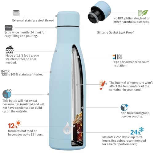 BJPKPK Insulated Water Bottle 17oz Stainless Steel Water Bottles Dishwasher Safe Metal Thermal Keep Cold and Hot,Sky Blue - color: Sky Blue, size: 17 Ounces