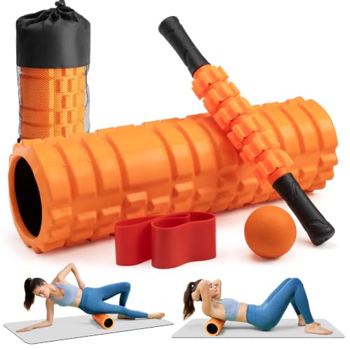 Krightlink 5-in-1 18" Foam Roller Set for Deep Muscle Massage | Foam Roller Back Roller for Fitness Relieves Muscle Pain Myofascial Trigger Point Release Pilates, Yoga (Orange) - color: Orange-18"(5 in 1)