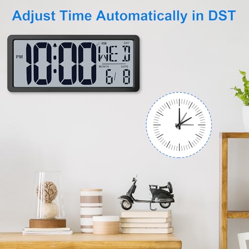 Backlight Digital Wall Clock Battery Operated with Bluetooth Time Sync/No Setup Required, 15'' Large Digital Wall Clock with Day, Date & Temperature, Large Digital Clock for Bedroom, Office - color: Black