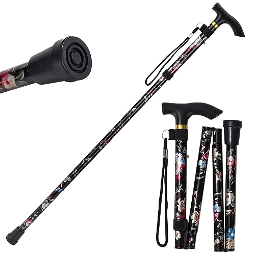 Walking Cane, Folding Cane for Man & Women, Portable Lightweight | 5-Level Adjustable Height, Collapsible Cane for Seniors Balancing Mobility Aid - color: Black Flowers