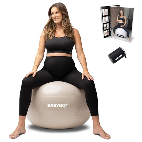 BABYGO Birthing Ball - Pregnancy Yoga Labor & Exercise Ball & Book Set Trimester Targeting, Maternity Physio, Birth & Recovery Plan Included Anti Burst Eco Friendly - color: Oatmeal, size: 65cm - Electric