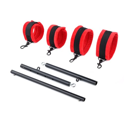 Heavy Duty Stainless Steel Expandable Spreader Bar with 4pcs PU Black--Pink Skull Pattern Detachable Adjustable Straps,Workout Bar for Home Indoor Gym Training Kit - style: Black+Red Furry Kit
