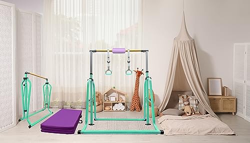 Foldable & Moveable Gymnastics Horizontal Bar with Rings,3’to 5’Adjustable Height Expandable Junior Kip Bar for Home,Indoor Gym Equipment for Kids - style: Green with MAT