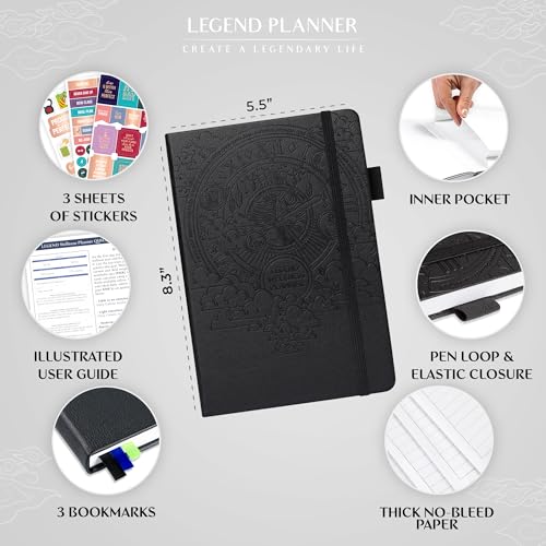Legend Wellness Planner & Food Journal – Daily Diet & Health Journal with Weight Loss, Measurement & Exercise Trackers – Lifestyle & Nutrition Diary – Lasts 6 Months, A5 size – Black - color: Black Debossed, size: A5 (5.8” x 8.3”)