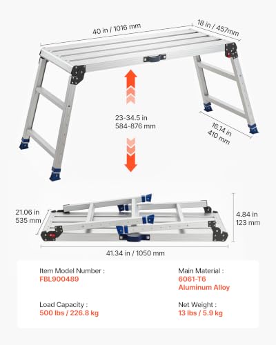 VEVOR Folding Work Platform, Adjustable Height 23-34.5 in, 40 x 18 in Aluminum Step Stool, 500 lbs Load Capacity, Heavy Duty Non-Slip Platform Ladder, Portable Work Bench for Painting, Maintenance