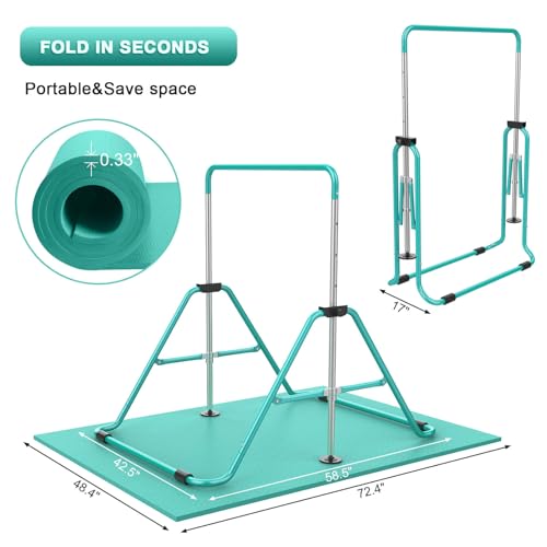 RINREA Gymnastic Bars for Kids, Adjustable Height Horizontal Bar for Home | 5-Height 35"-51", Foldable & Space-saving, Indoor Outdoor Training Kip Bar, with Gymnastics Rings & Gymnastics Pad - color: Green with Mat
