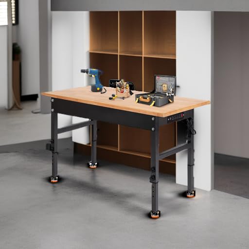 48" Adjustable Work Bench, Rubber Wood Top Workbench | Heavy-Duty Work Table with Power Outlet, 2000 LBS Load Capacity Hardwood Work Benches for garage, Workshop - size: with socket, 48