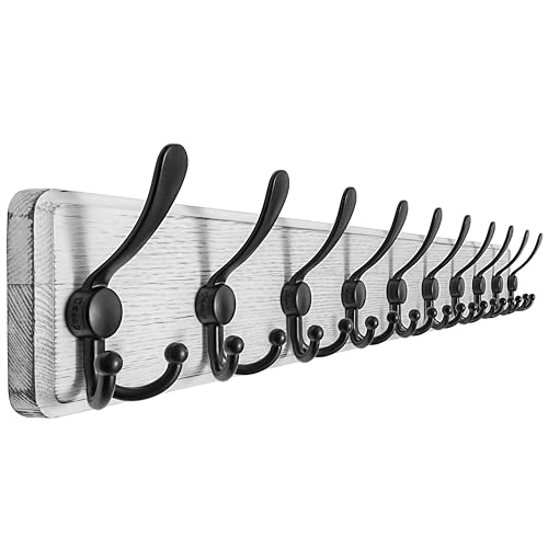 Dseap Coat Rack Wall - Heavy-Duty 38-1/4" Long, with Reinforced 10 Custom Tri-Hooks, Solid Wood Wall Hanger for Coats Hat Jackets - Rustic Farmhouse Entryway Hallway Storage, White & Black - color: White & Black, size: L=38.3"