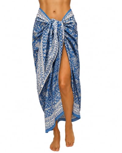 100% Cotton Hand Block Print Pareo Sarong Swimsuit Wrap Skirt Cover Up Long Women’s Apparel Fabric Beach Bikni (73" x 44") - color: Blue 2