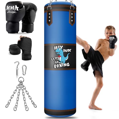 YORWHIN Punching Bag for Kids, 2.7FT Hanging Boxing Bag with Boxing Gloves, Kids Boxing Set Kickboxing Bag for Youth Boxing Karate Muay Thai Kick Taekwondo Training - style: Dinosaurs