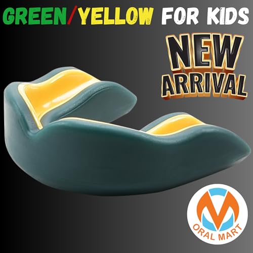 Oral Mart Youth Sports Mouth Guard for Kids (USA Flag, Fangs, 20+ Colors to Choose from) Mouthguard for Football, MMA, Karate, Boxing, Rugby, BJJ, Flag Football – /w Case (Youth, Strapless) - color: Green/Yellow