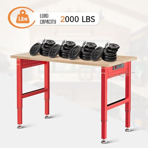 SPECRAFT Red Adjustable Heavy Duty Workbench with 4 AC Outlet and 2 USB Ports Power Outlets, 2000 Lbs Capacity, Rubber Wood Top for Garage, Workshop, Office - color: Red, size: Standard/44"x20"